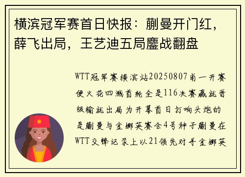 横滨冠军赛首日快报:蒯曼开门红,薛飞出局,王艺迪五局鏖战翻盘